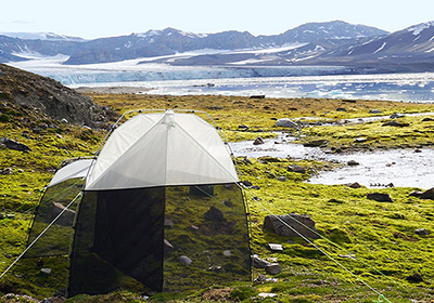 ez-Malaise trap deployed on open Arctic tundra near a glacier—freestanding without natural supports